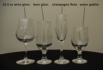  12.5 oz wine glass for rent, stemmed beer glass for rent, champagne flute for rent and water goblet for rent 