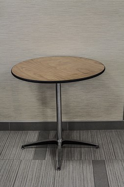 Round pedestal table wood top, chrome pole and base 