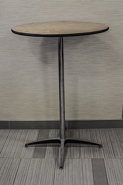 Round Cruiser tables wood top, chrome pole for support and base