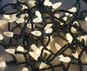 Group of small string lights which are lit and on green covered wiring